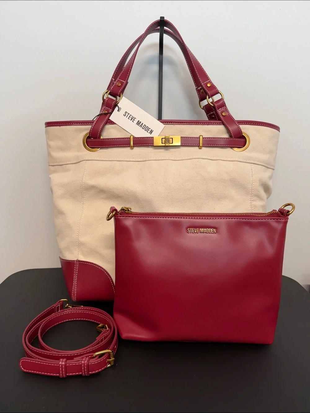 Steve Madden | Wine Canvas Boatkin Vacation Tote w/ Separate Purse & Crossbody